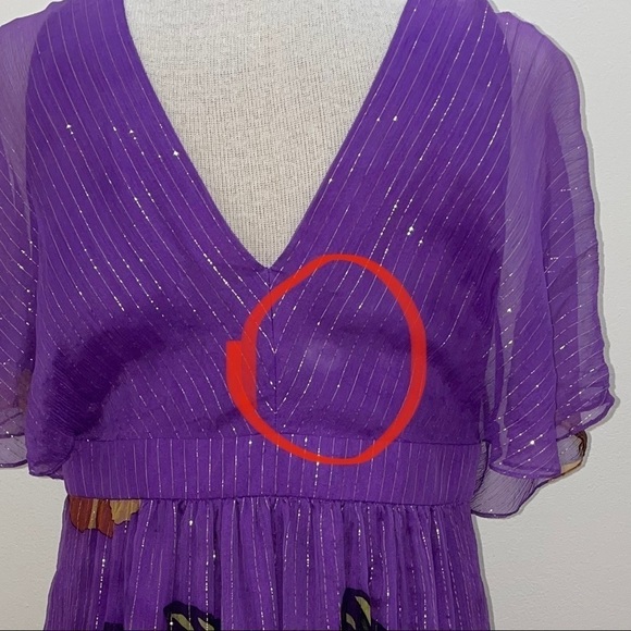 TIBI $495 Silk Dress Sz 10 Purple Floral Beads 100% Silk Metallic Empire Waist - Picture 9 of 14